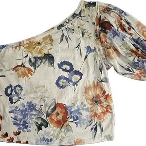 Express Floral Asymmetrical Blouse - Orange, Blue, Cream